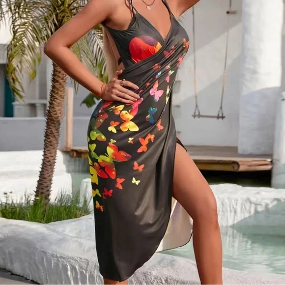 BRAND NEW Butterfly Print V Neck Cover Up, High-Stretch Criss Cross Dress, - Picture 3 of 6